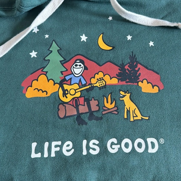Life is Good green campfire, dog, guitar mountain scene hoodie.  Men’s  large - Picture 4 of 11